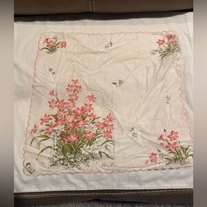Chris Fisher signed vintage Floral Handkerchief with Pink and White Flowers